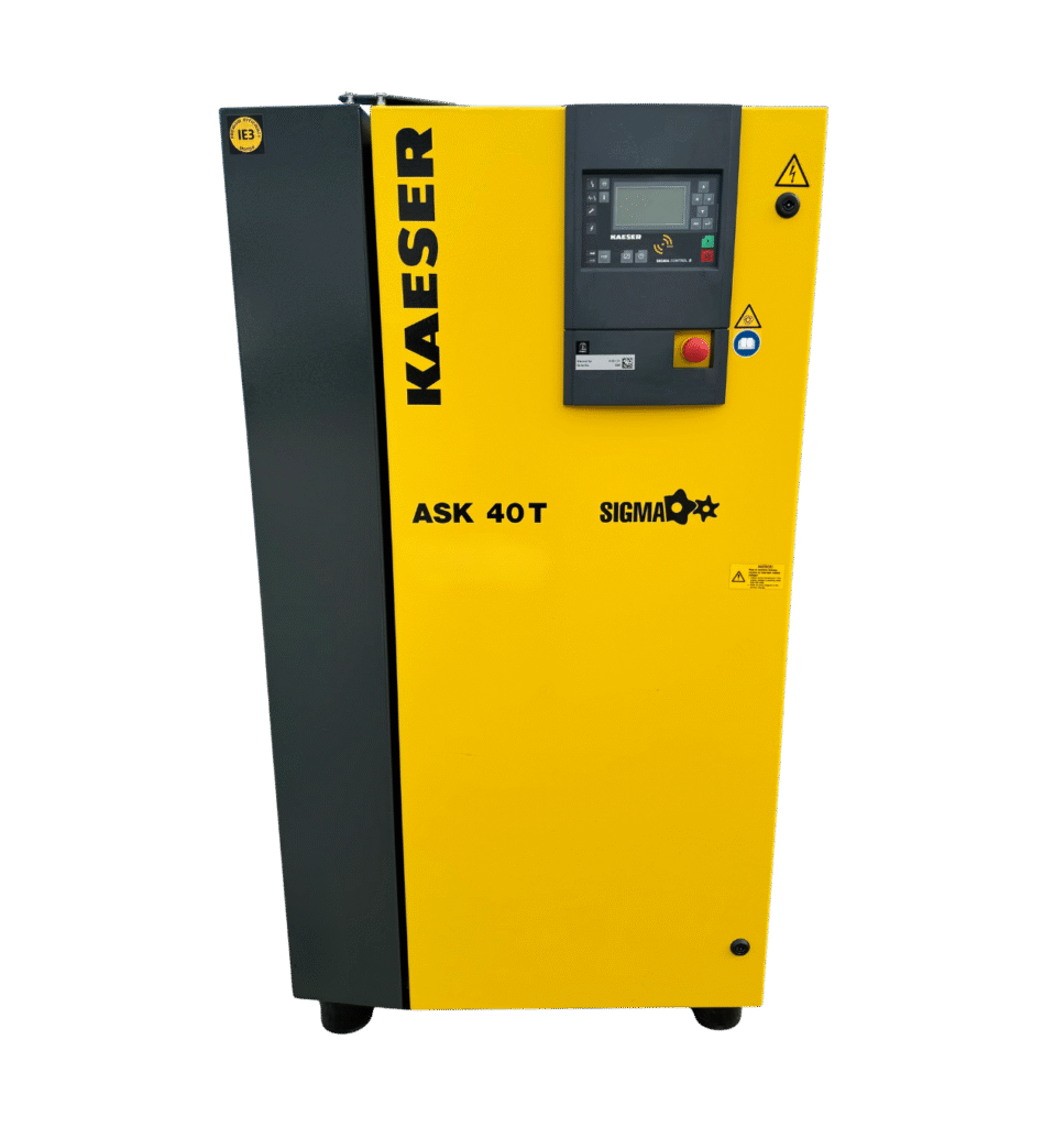 KAESER ASK 40T 22KW @7.5 to 15 bar pressure Rotary Screw Air Compressorin compact design with refrigerated air dryer and air receiver tank , Belt Driven. 143CFM.