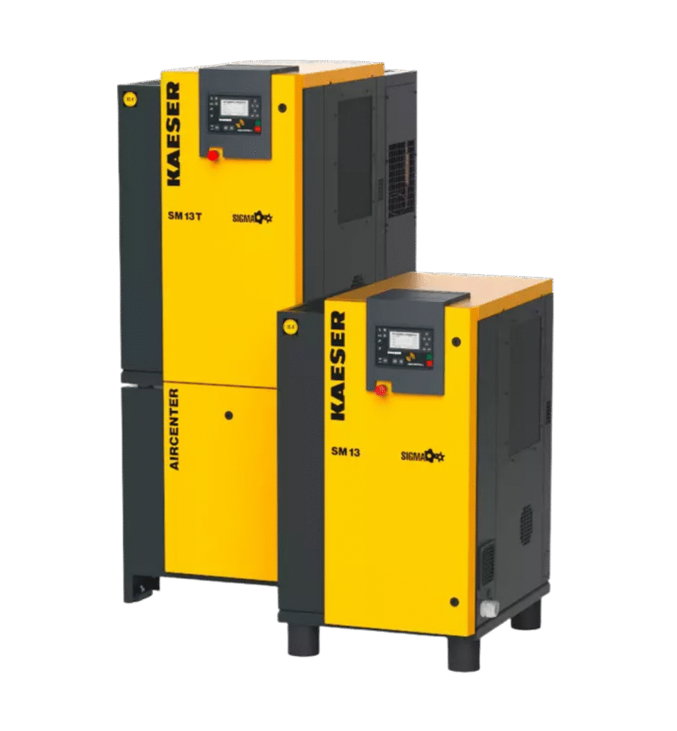 KAESER SM13T 7.5KW/10HP @7.5 to 15 bar pressure Rotary Screw Air Compressor in compact design with refrigerated air dryer and air receiver tank. 46CFM